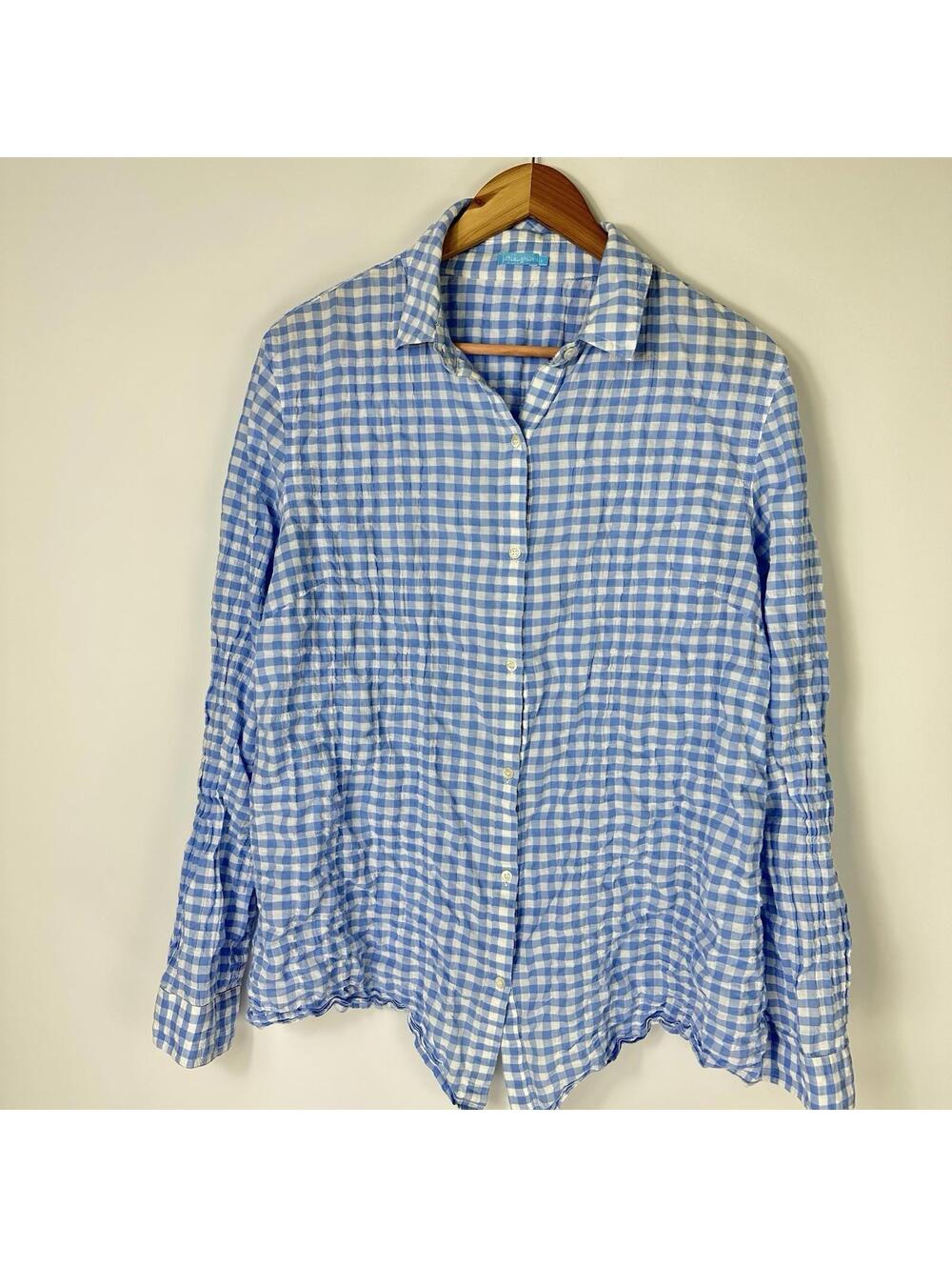 J McLaughlin Womens Blue White Gingham Plaid Crinkle Cotton Button Down Shirt L